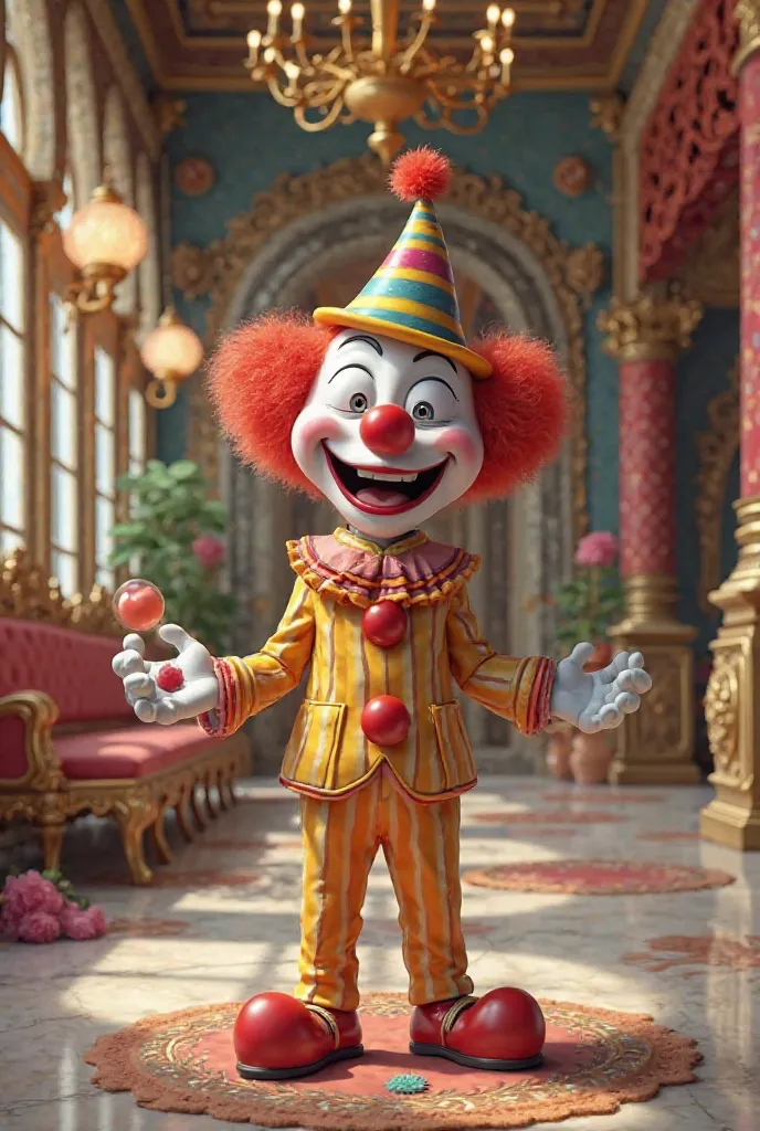 Would you draw a clown who lives in a palace but is very happy 