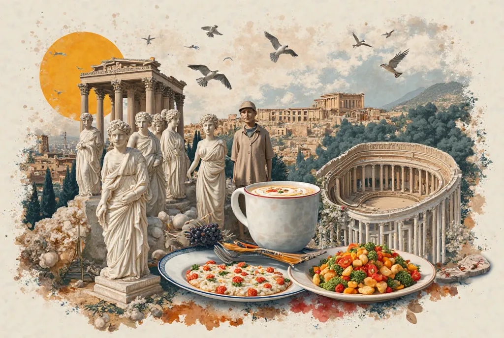 a eclectic collage depicting the essence of greece. the composition features a patchwork of vintage and modern elements (marble statues, cuisine) with stylized illustrations of iconic landmarks (acropolis, santorini, panathenaic stadium)