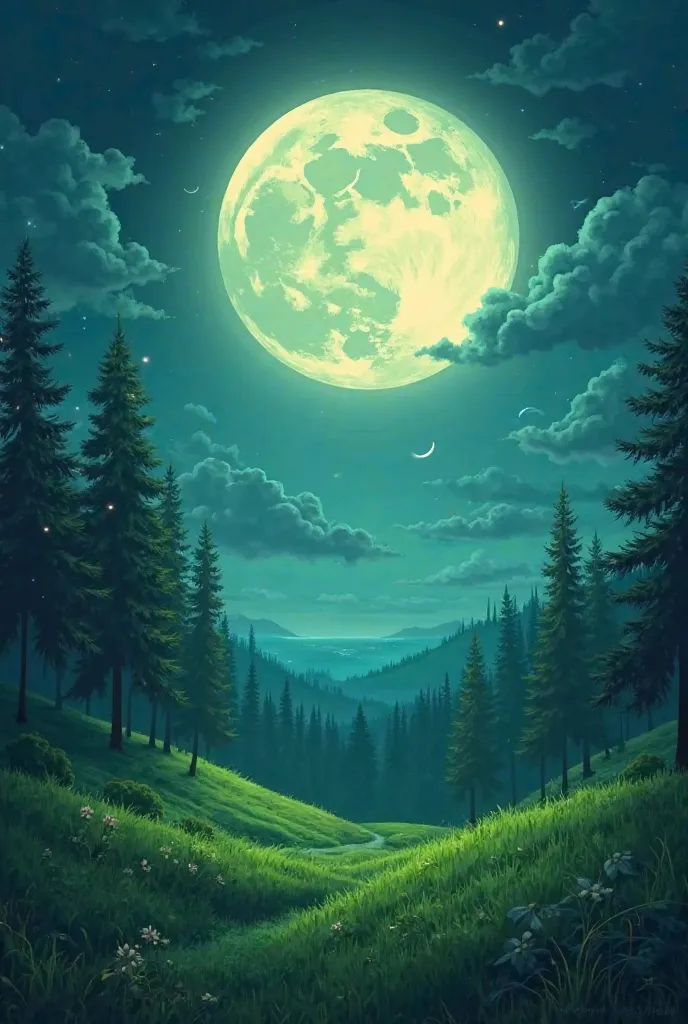 The beuty of moon in green areas at night