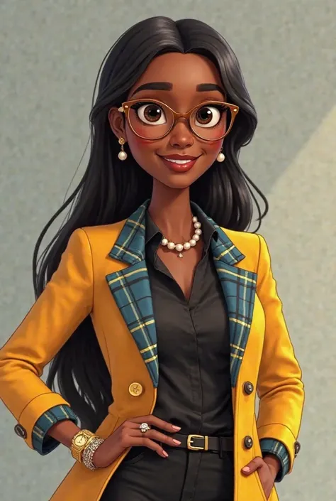 Create a young black woman.  Pixar style. With long straight black hair, wearing a black blouse and a yellow blaser with blue plaid and gold buttons on the blaser,  black pants, watch on the left wrist with light brown frame glasses, a gold watch on the le...