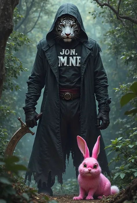 Assassin White Tiger with Black Suit Hoody Holding reclyning moon blade with Capital letters "Join TMNB" on his chest and have Big female pink rabbit being scared at his side. Jungle background 