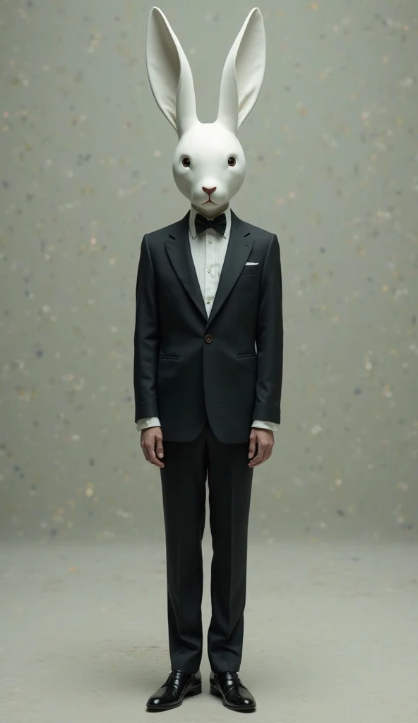 It generates the image of a man wearing a tuxedo and a white rabbit mask standing on the floor