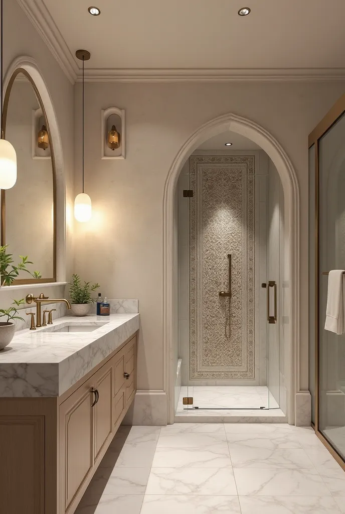 Generate a guest bathroom with a modern Islamic design. Use a neutral color palette, including shades of beige, cream, and light gray. Incorporate Islamic architectural elements such as arched niches and geometric patterns on the tiles. Include a sleek, mi...