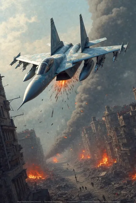 A grey and blue MIG 31 dropped its bombs on a devastated burning city 