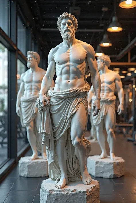 Statues of the ancient Greeks' bodies in a modern gym 