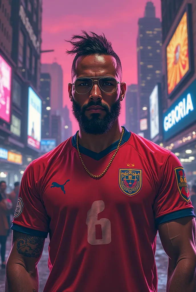 Create an image of the French singer Gims wearing the Georgia national team soccer jersey in GTA drawing style 