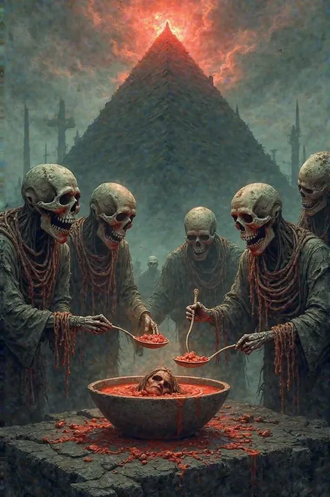 A group of people dressed ragged and very dirty, their heads are skulls without eyes and they fight each other with spoons in their hands to drink a rotten bowl of soup and a rare dead woman inside the plate behind a black pyramid with a reddish light on t...