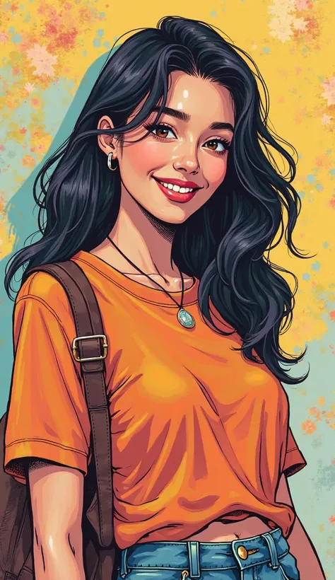 DISCREET image. with discreet casual clothes. image adult woman, american, comic book style. with a discreet smile. IMAGES WITH VIBRANT COLORS. focus on face. light colors