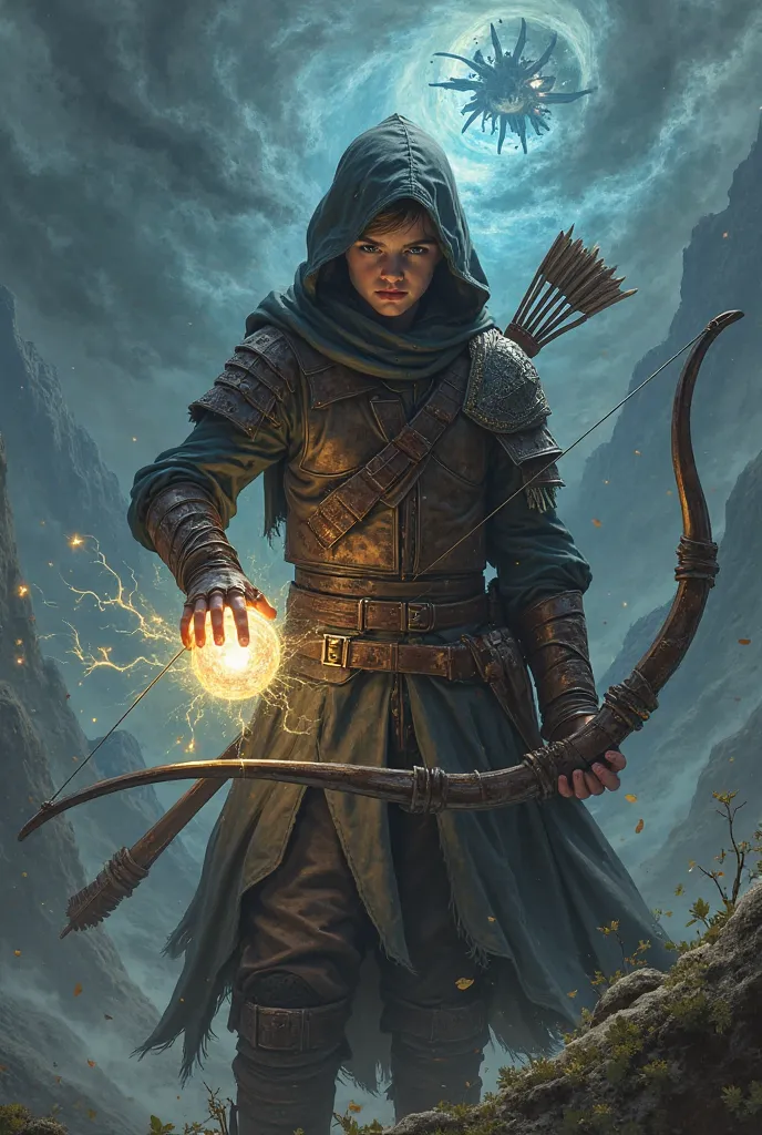 Detailed illustration of a young hooded archer wearing a classic brown leather armor, holding a glowing orb with a strained expression, while a dark and malevolent aura forms behind him, set in an epic fantasy scene. Real 4k, Supreme quality, professional....