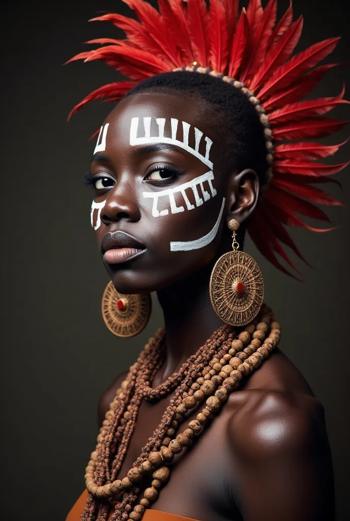 The image is a portrait-style photograph featuring a dark-skinned person sporting intricate face paint in white geometric patterns. The individual makes a striking statement with a shaved head adorned with vibrant red feathers. They wear large, ornate circ...