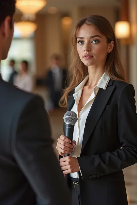 Female news reporter wearing only tight blouse and blazer standing with microphone in front of the camera in the hotel reception, 18 years old female receptionist in hotel uniform with leather collar stands next to her waiting for an interview, Bright blue...