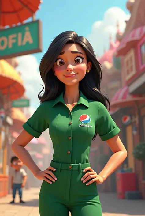 Pixar-like animation of a black-haired woman, Pepsico and cofia green uniform 