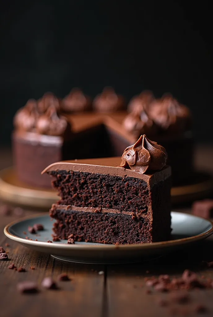 cinematic film still chocolate, chocolate cake, dark background, quality photo, moist texture, frosting, studio photo, slice . shallow depth of field, vignette, highly detailed, high budget, bokeh, cinemascope, moody, epic, gorgeous, film grain, grainy, ho...