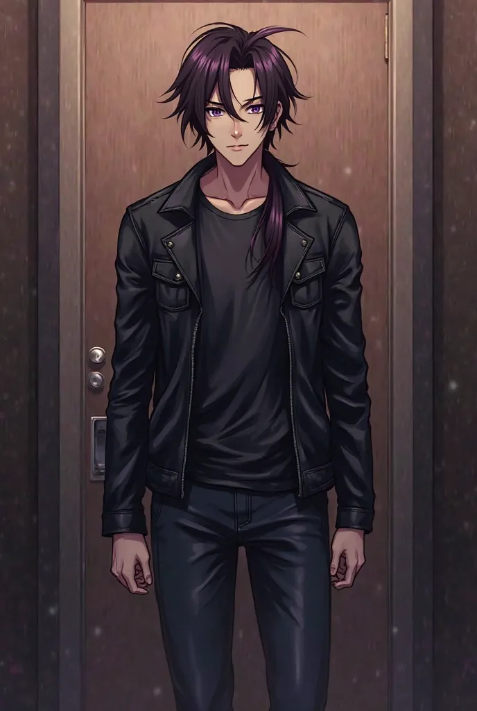 Anime man Taiki Kou,  purple eyes ,  long dark brown hair,  tied in a low and long ponytail ,  toned and muscular body, dressed in dark jeans and black leather jacket, wide background of an apartment door,  anime style full hd 