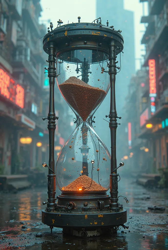 GENERATE A HYPERREALISTIC AND CYBERPUNK IMAGE OF AN HOURGLASS FOR ME, I WANT the hourglass to be singing