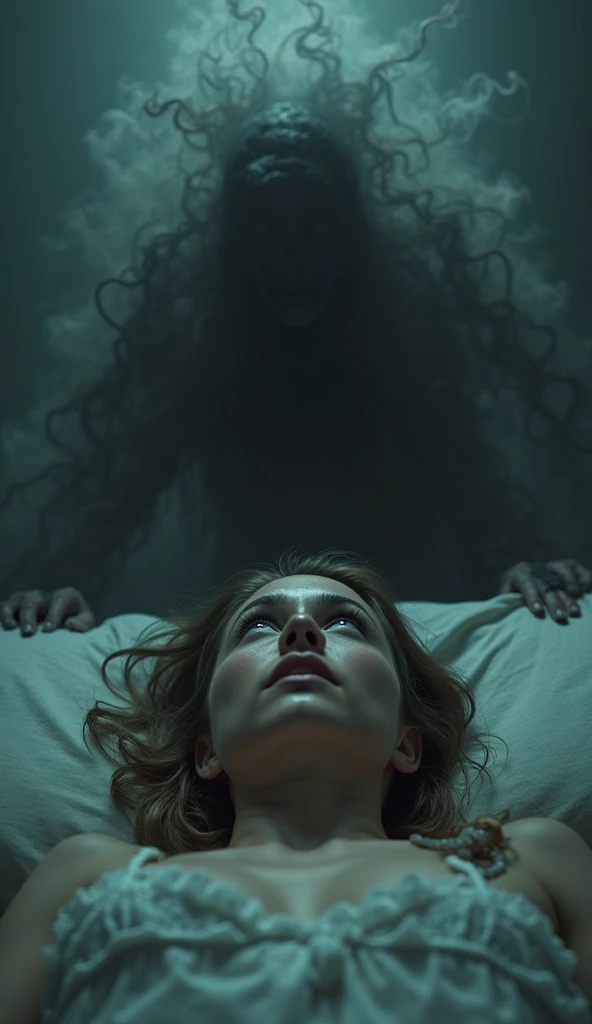 "Cinematic film still, Aesthetic juxtaposition of a woman frozen in terror, her eyes wide open and fixed on the darkness above her, her body paralyzed with fear, lying motionless in bed, as a dark, ethereal entity looms over her, its presence a swirling, a...