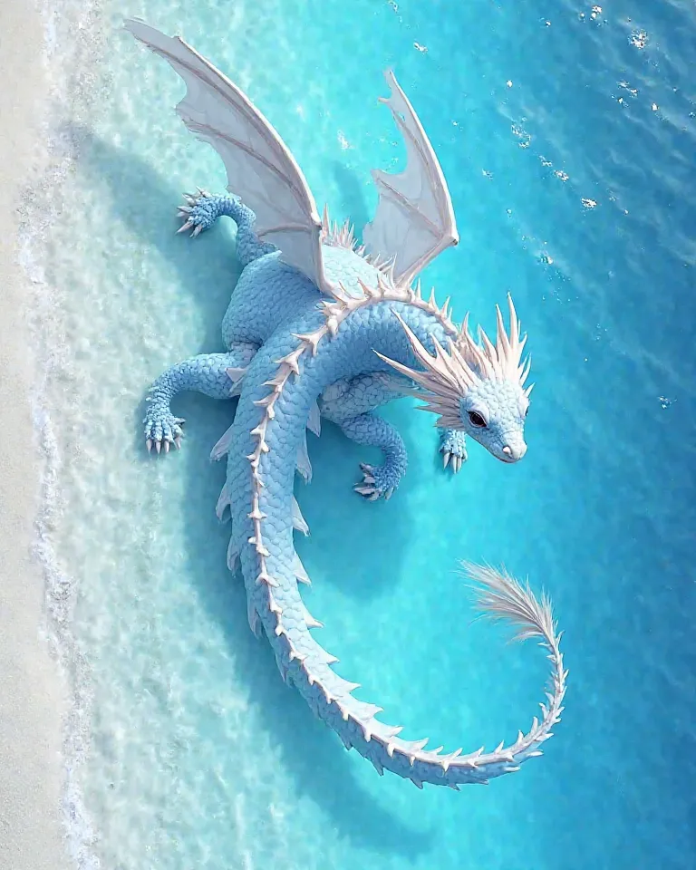 Of course,  here is a description of the image :

The image shows a fancious-looking blue and white dragon that seems to be swimming between the white sand and the blue ocean. The dragon is in a vertical position, with its head pointed downwards. Its wings...