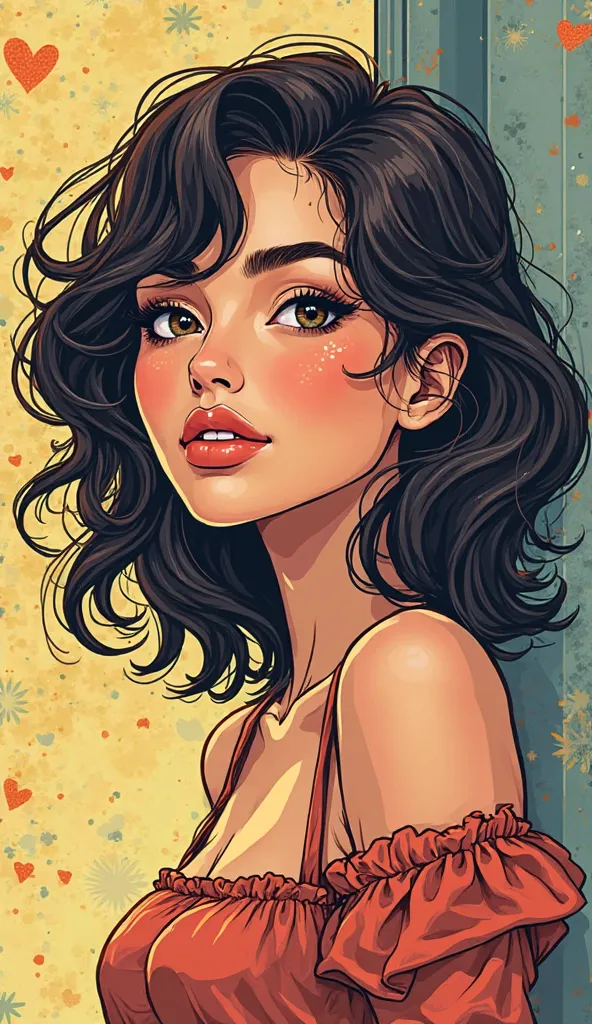 DISCREET image. with discreet casual clothes. image adult woman, american, comic book style. with a discreet smile. IMAGES WITH VIBRANT COLORS. focus on face. light colors