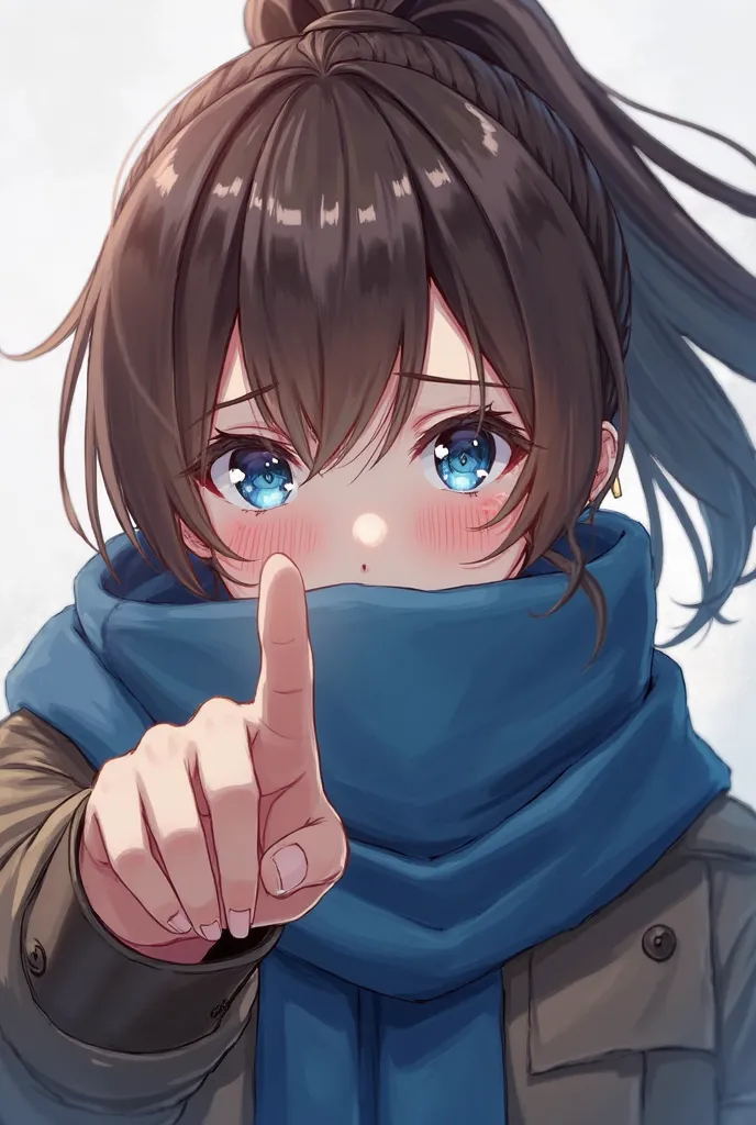  Anime Girl,  blue eyes, brown hair, ponytail,  blue scarf , Cover your mouth with a scarf, I point to you and see  