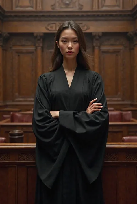 Young female lawyer wearing a black robe in court , courts 