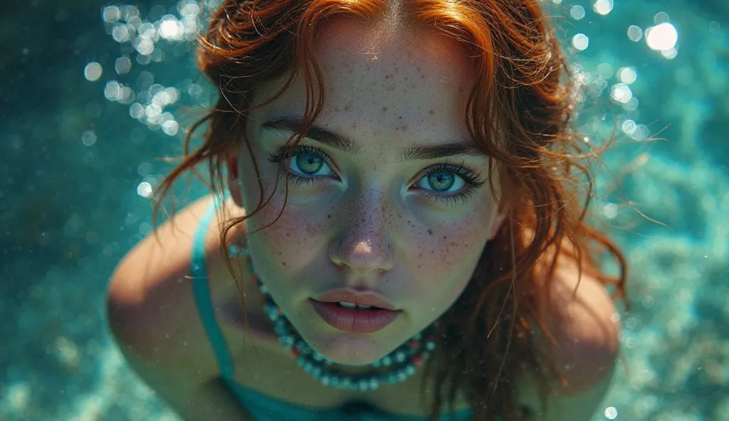 an extremely detaild face of a mermaid, vibrant colors, Picturesque, idyllic, work of art, best qualityer, (ultra quality:1.3), masterpiece, (highly detailed), HDR, 8K, (depth of field), sharp focus, soft shadows. she is facing the camera. wide shot of her...