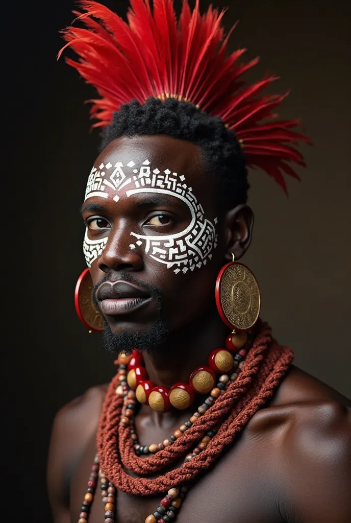 The image is a portrait-style photograph featuring a dark-skinned man sporting intricate face paint in white and red geometric patterns. The individual has a striking presence with a shaved head adorned with vibrant red feathers. They wear large, ornate ci...