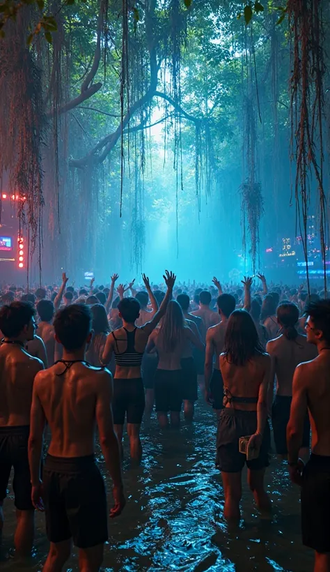 A massive crowd of people dances wildly to electronic music in the middle of a muddy mangrove swamp. The air is thick with humidity, neon festival lights reflecting off the murky water and twisted roots. Heavy bass vibrates through the scene as the crowd m...