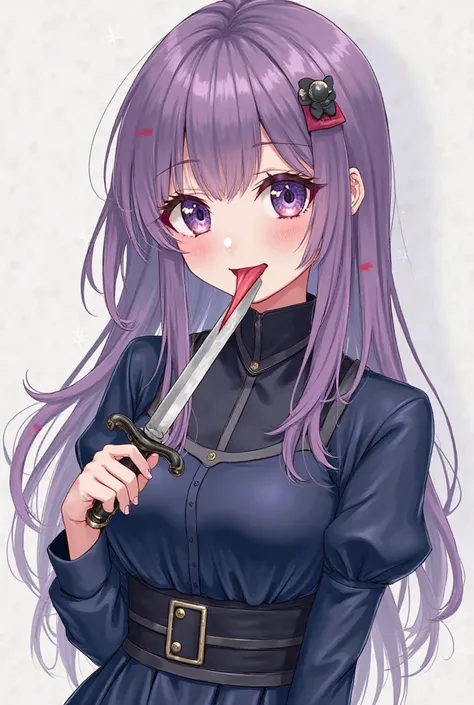 Draws a girl with a pointed tongue, Slightly purple hair, charming killer eyes, the elegant and beautiful woman, although with a funny and psychopathic smile, a simple but elegant dark blue dress, holding a dagger with fun in her fingers
