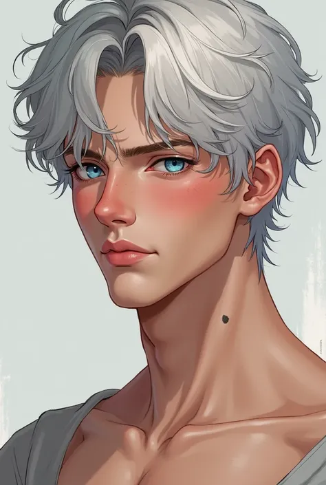 Blushing boy ,  blue eyes and white hair with bangs, muscular and handsome ,mole on the neck on the right side , slanted eyes , in her 20s 