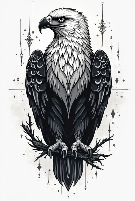 A standing eagle with an angry face, in a tattoo-like design style