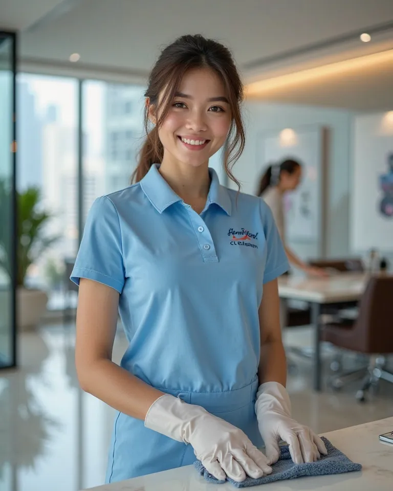 

Create an ultra-realistic and inspiring image of a young woman,  and smiling, wearing an impeccable cleaning uniform (light blue polo shirt with company name **'CC Clean'** Featured embroidery , neutral dress pants and discreet rubber gloves). She is cle...