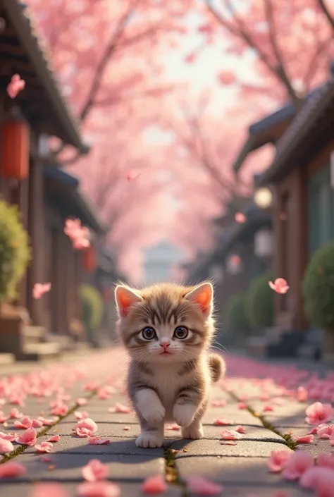 Live action kitten walking along a street with cherry blossoms