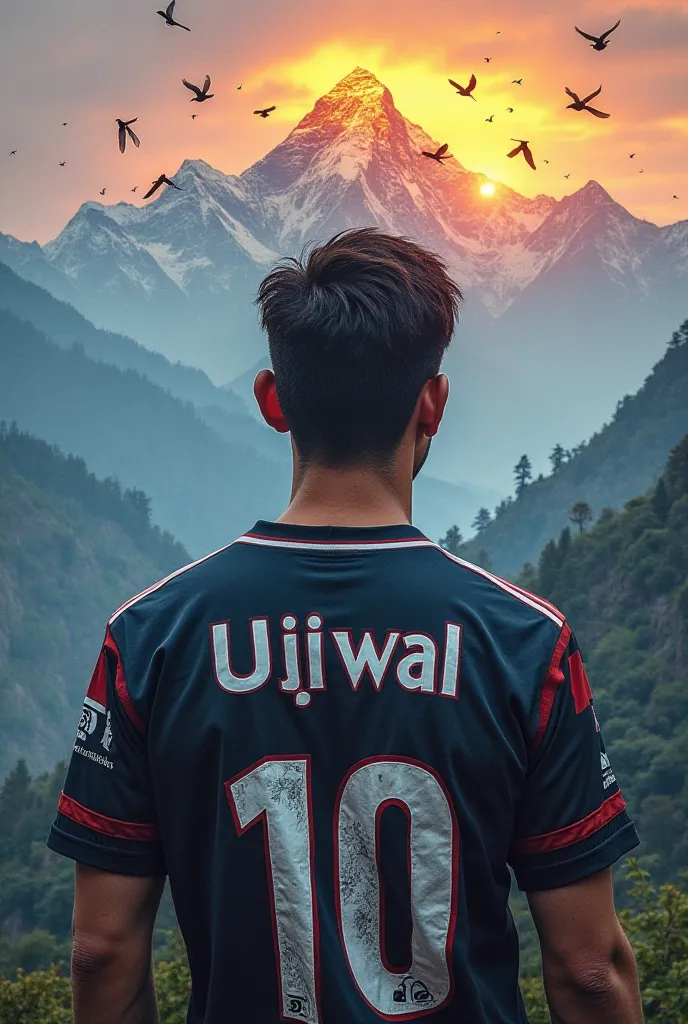 Ujjwal name written in jersey of a man viewing mount everest sunrise animals birds pashupatinath temple trees river greenery and om written in top of mountain in sanskrit. I also need om and good temple