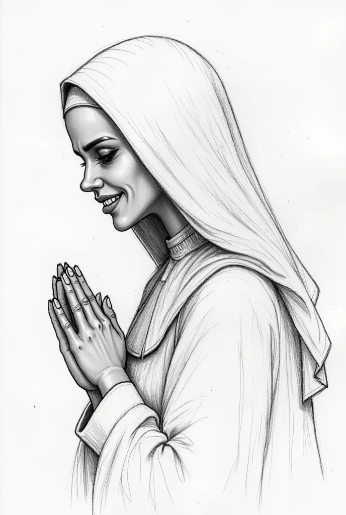 a simple pencil sketch on one side is in profile as a nun,eyes are hidden behind the hood,put her hands together in prayer and her smile on her face,in the opposite direction, the same nun is in profile but she doesn't have a smile on her face,and the demo...