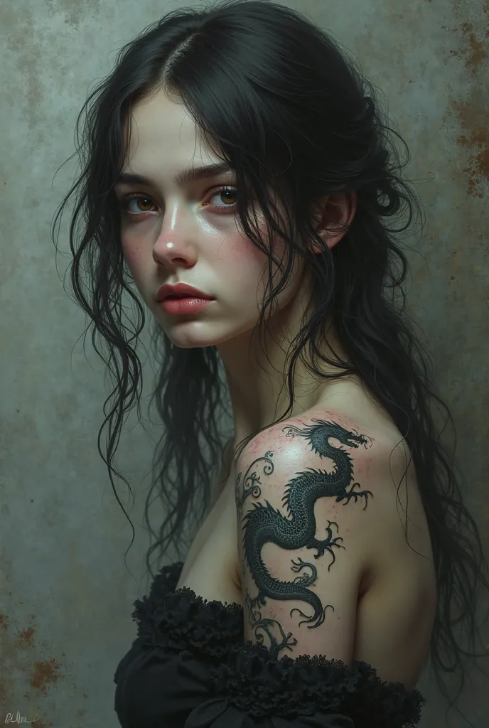 Dark-haired pale girl with brown eyes, with a dragon tattoo on the shoulder and a sad face