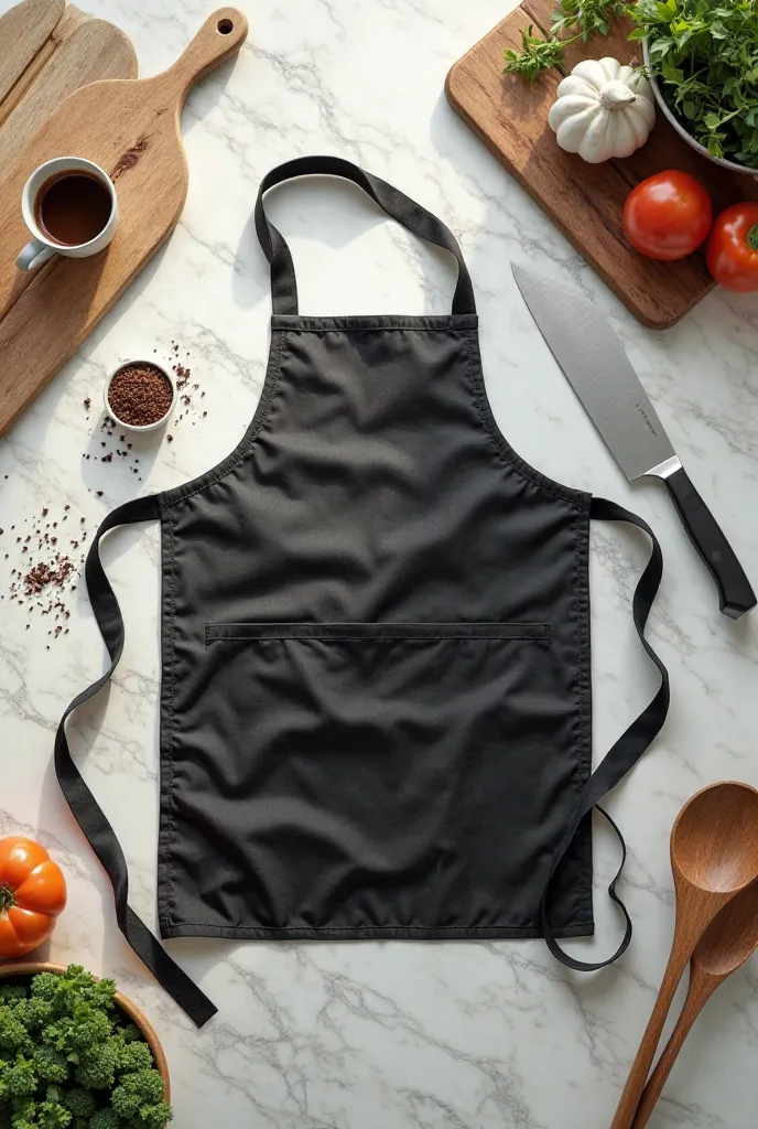 "A stunning 4K ultra-realistic top-down (zenithal) view of a beautifully arranged kitchen scene. A black kitchen apron is elegantly placed on a pristine white marble countertop, surrounded by carefully arranged kitchen elements such as wooden utensils, a s...