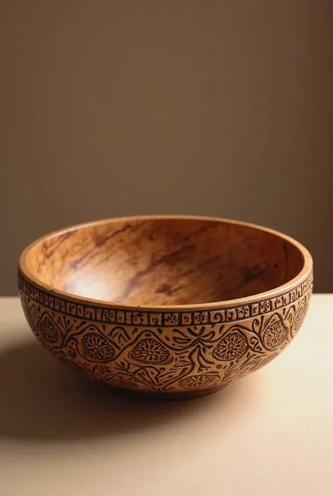 Create a picture of a wooden bowl emblazoned with Kazakh ornament