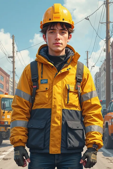 He drew a person with brown hair and brown eyes, his average height, his weight is 70, aged 26, wearing yellow and black clothes and a blue mixture. He works as a road engineer 