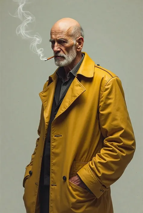 An old man , hairless , Wear a yellow coat and a cigarette in your mouth 