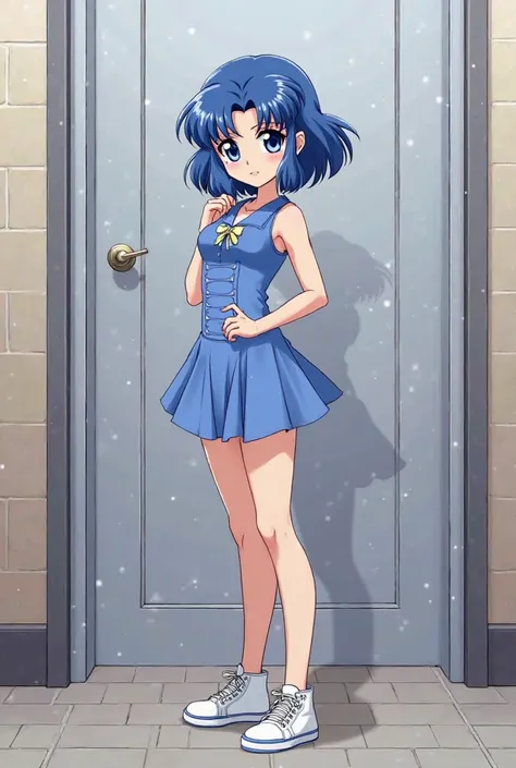 Anime woman Amy Mizuno , sapphire eyes , Bob-style blue hair, with a coquettish smile, dressed in a blue dress and white tennis shoes, wide background of an apartment door,  anime style full hd 
#SailorMoonCrystal #Amy Mizuno 