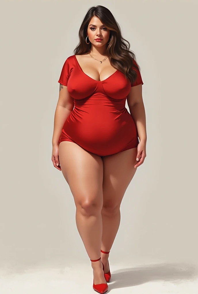 A realistic digital painting of a voluptuous woman with a guitar-shaped (violão) body. She has wide hips, a large bust, and a thick, curvy physique. Her skin is fair, and she has long, wavy hair cascading down her shoulders. She wears elegant red high heel...