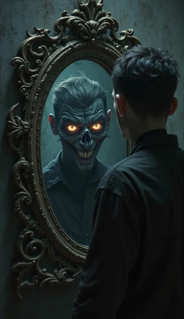 "A dark figure reflected in an ancient mirror, with glowing eyes and a sinister smile. The young man's reflection is distorted, almost unrecognizable, in a dimly lit room."