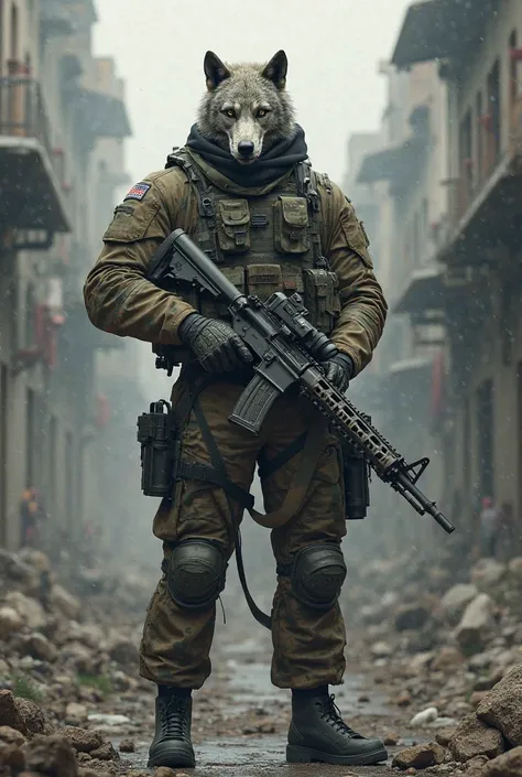 Soldier in modern military uniform, a gun in your hands and a mask bones of a wolf