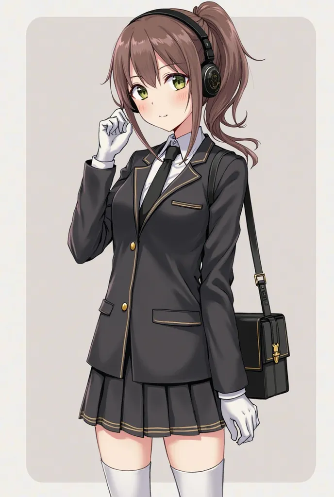 Tomoka She wears a black suit consisting of a black jacket and a white shirt with long sleeves and buttons down the jacket and a long black tie, and she wears a not very short skirt, and very long white socks and long black punk boots that reach her thighs...