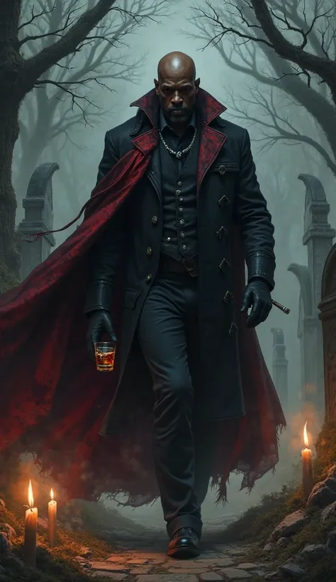 A bald black man in a black and red cape walking in the cemetery at night with candles burning and smoking his cigar with a glass of whiskey in his hand 