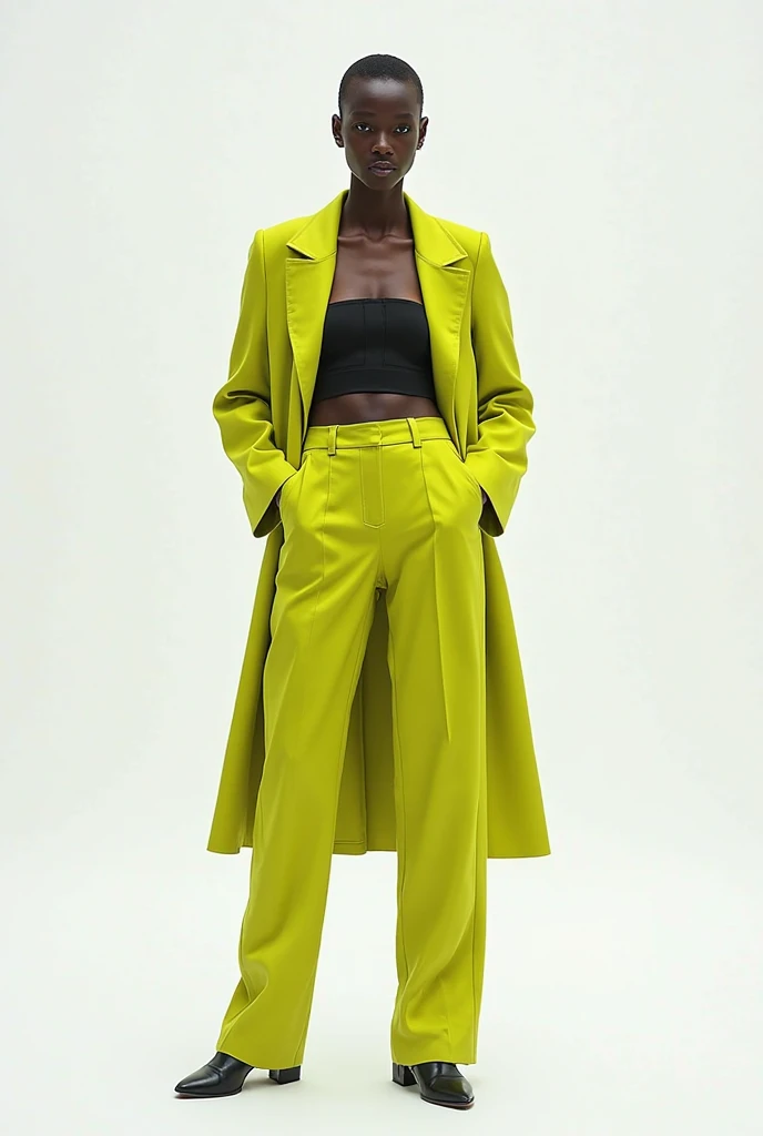 separate leather pants, series top and yellow-green suit on white background
