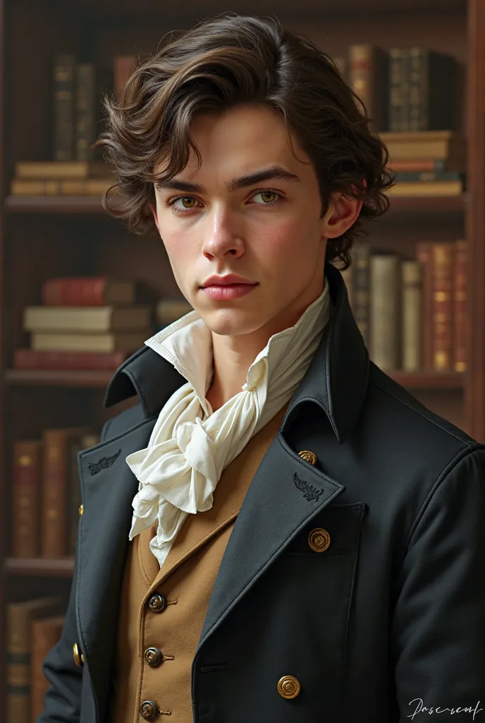 young man with brown eyes and very short curly hair dressed in clothing from the Enlightenment period