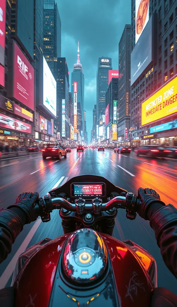 An ultra-realistic point-of-view image (throw), capturing the first-person perspective of a pilot accelerating a futuristic motorcycle among the skyscrapers of a vibrant cyberpunk city. The gloved hands firmly hold the digital handlebar, as glowing hologra...