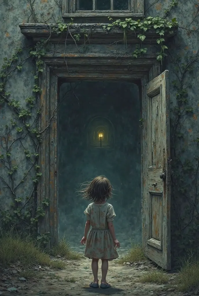 Create an image of a young girl at a door of a haunted house 