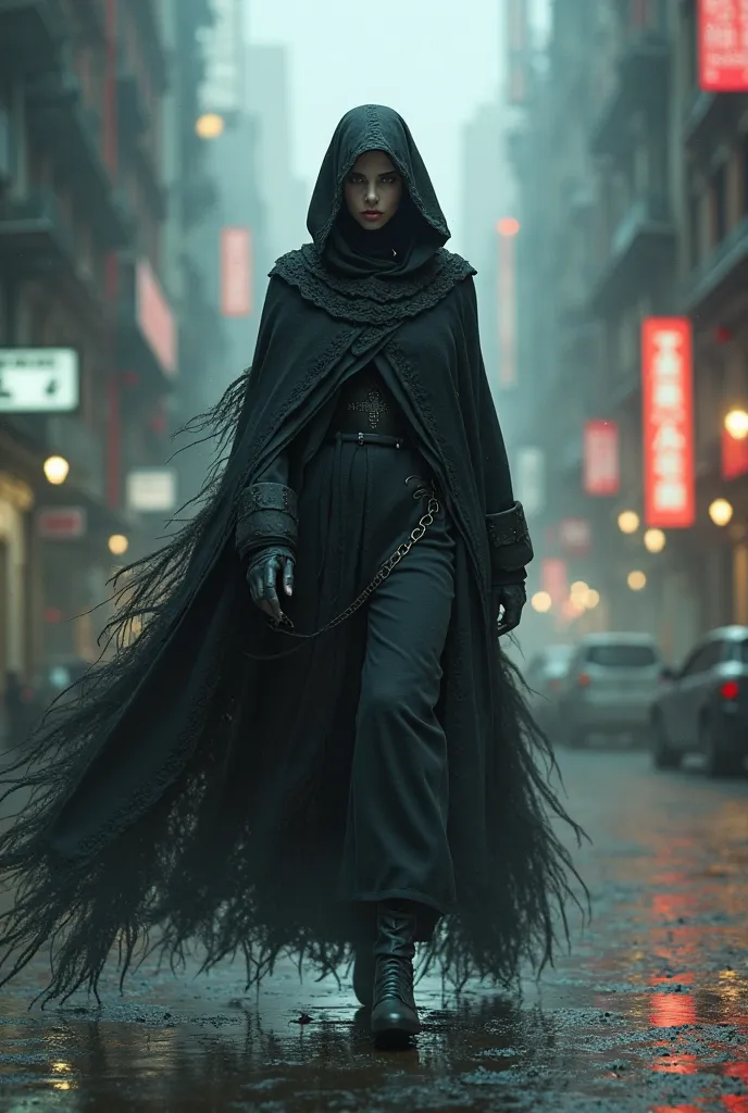 Death lady in realistic style walking in an urban environment